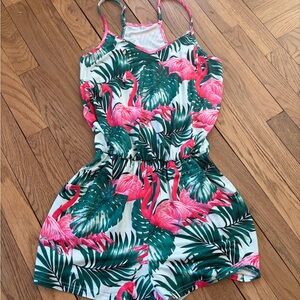 Women’s Pink Flamingo Print Romper - Tropical Leaf Design